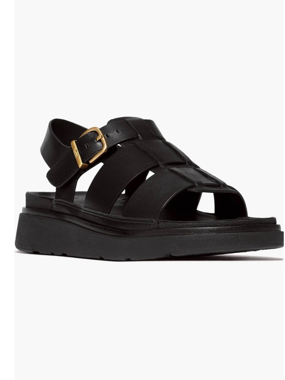 FitFlop Black Leather Fisherman Sandal with Gold Buckle